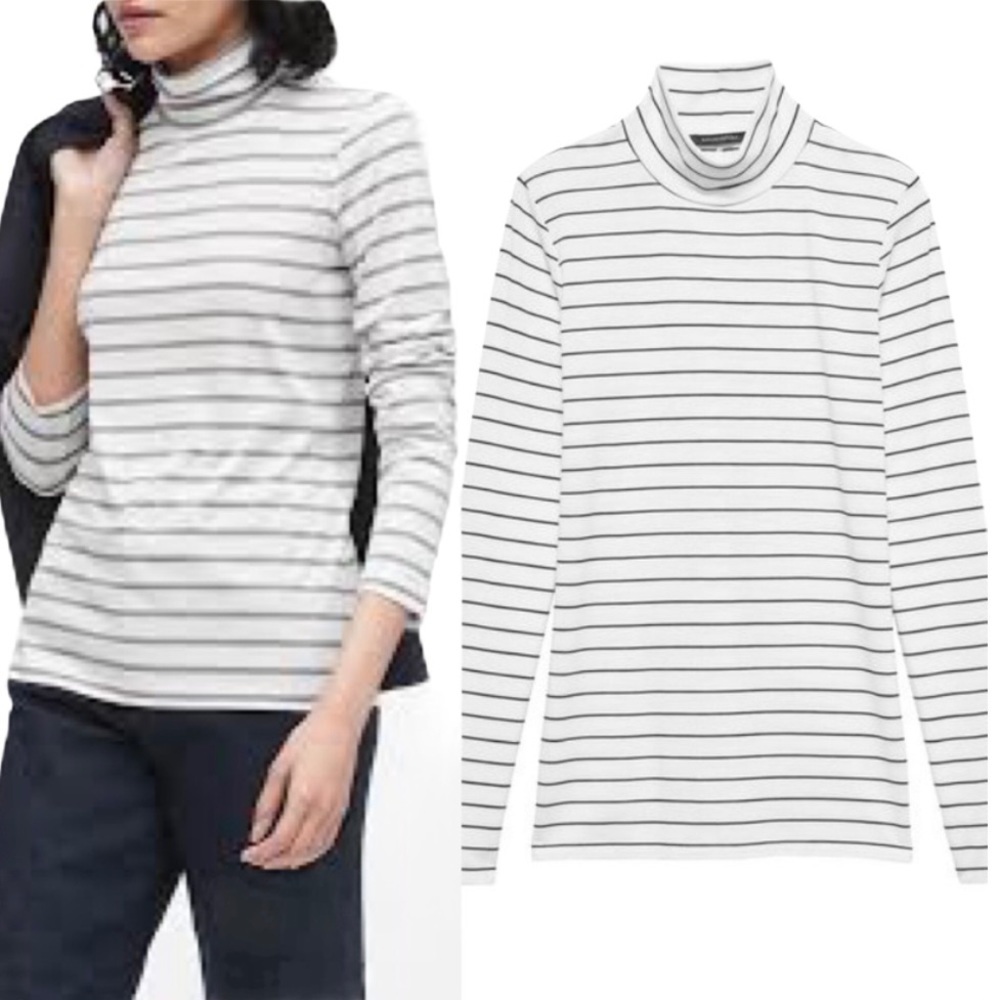 BANANA REPUBLIC Threadsoft Striped Turtleneck Ivory Grey Size XS Tailored
